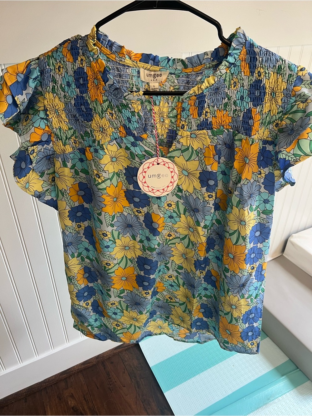 Umgee Blue Yellow Floral Smocked-Neck Blouse